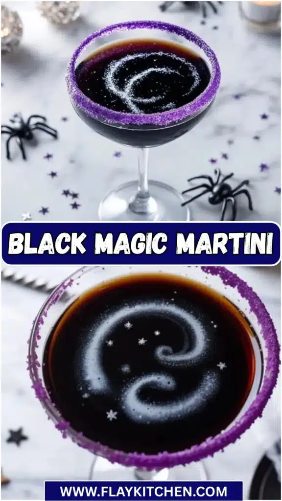 A delicious Black Magic Martini cocktail garnished with a twist of lemon.