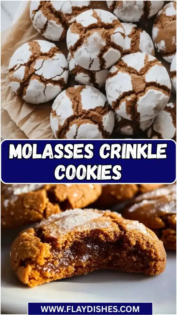 Freshly baked molasses crinkle cookies with a powdered sugar topping