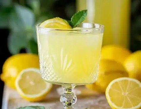 Bottle of authentic limoncello with fresh lemons and Italian herbs