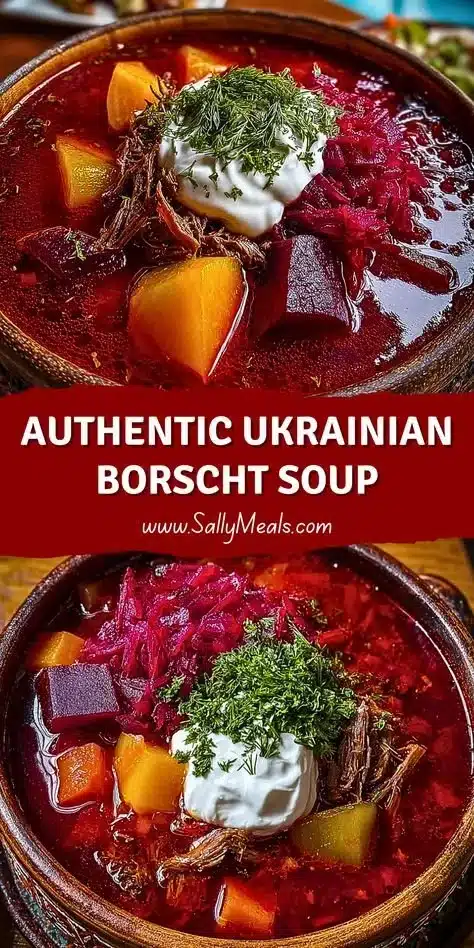 Authentic Ukrainian Borscht Soup 7 Bowl of authentic Ukrainian borscht soup garnished with herbs and sour cream.