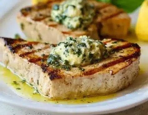 Baked swordfish fillet topped with herb butter on a plate.