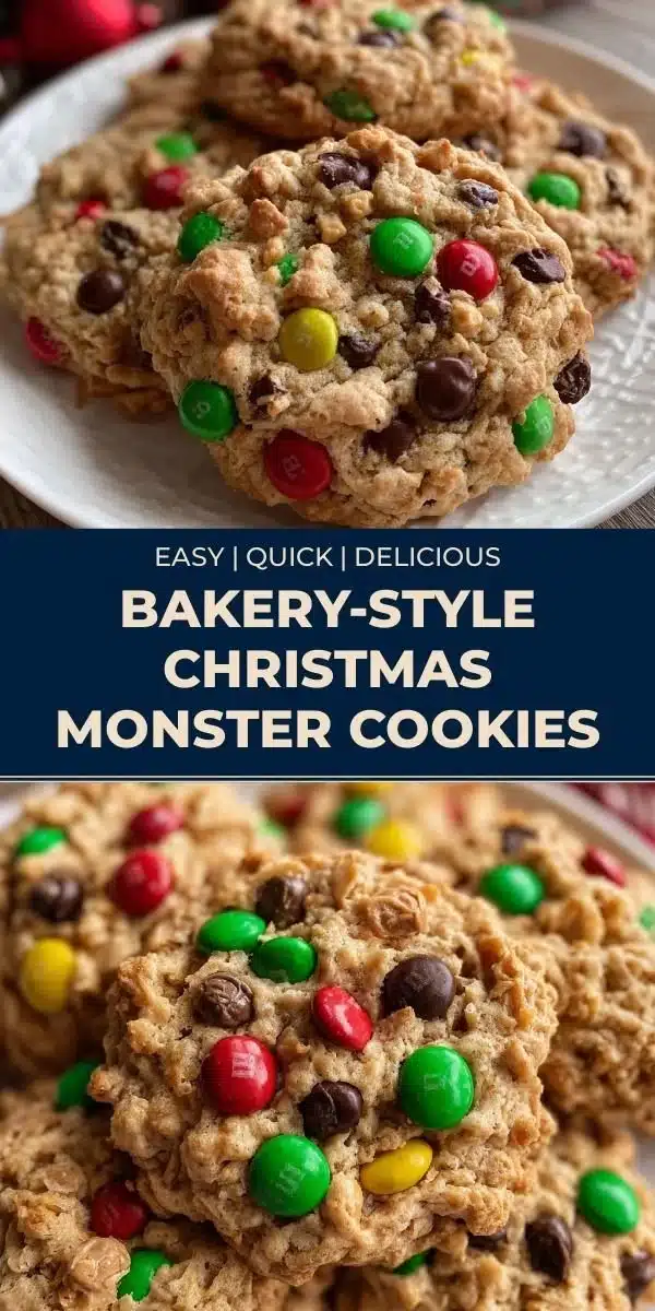 Bakery-Style Christmas Monster Cookies 2 Bakery-style Christmas monster cookies decorated with colorful festive ingredients.