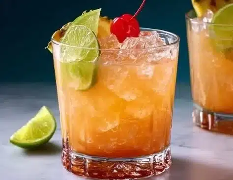 Best Ever Mai Tai 9 A beautifully garnished Mai Tai cocktail served in a glass with tropical garnishes.