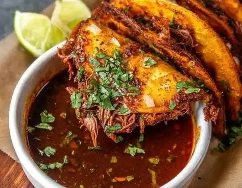 Delicious Birria Tacos filled with marinated beef and served with consome.