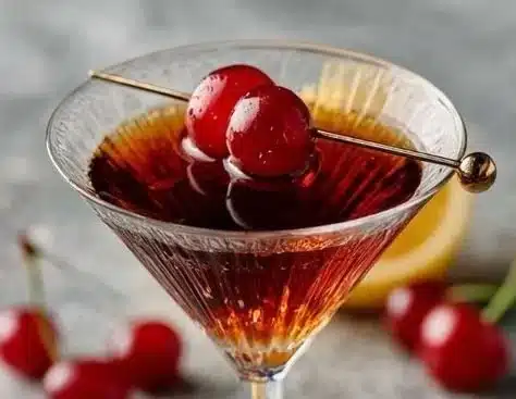 A Black Manhattan cocktail served in a classic glass with elegant garnishes.