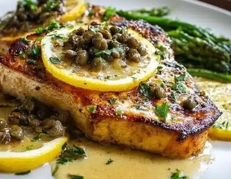 Delicious blackened swordfish dish served with herbs and lemon