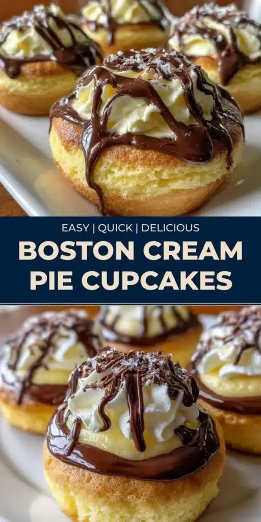 Boston Cream Pie Cupcakes topped with chocolate glaze and filled with vanilla cream