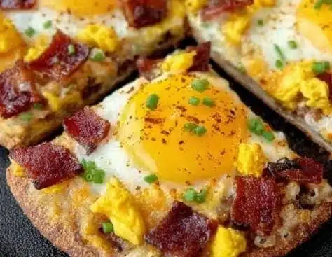 Delicious homemade breakfast pizzas topped with eggs, cheese, and vegetables.