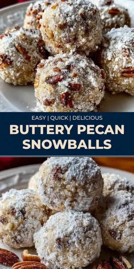 Delicious buttery pecan snowballs topped with powdered sugar on a plate.