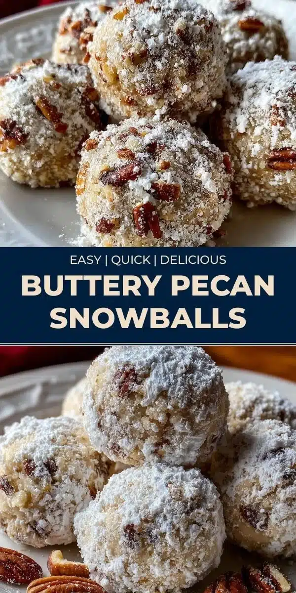 Delicious buttery pecan snowballs topped with powdered sugar on a plate.