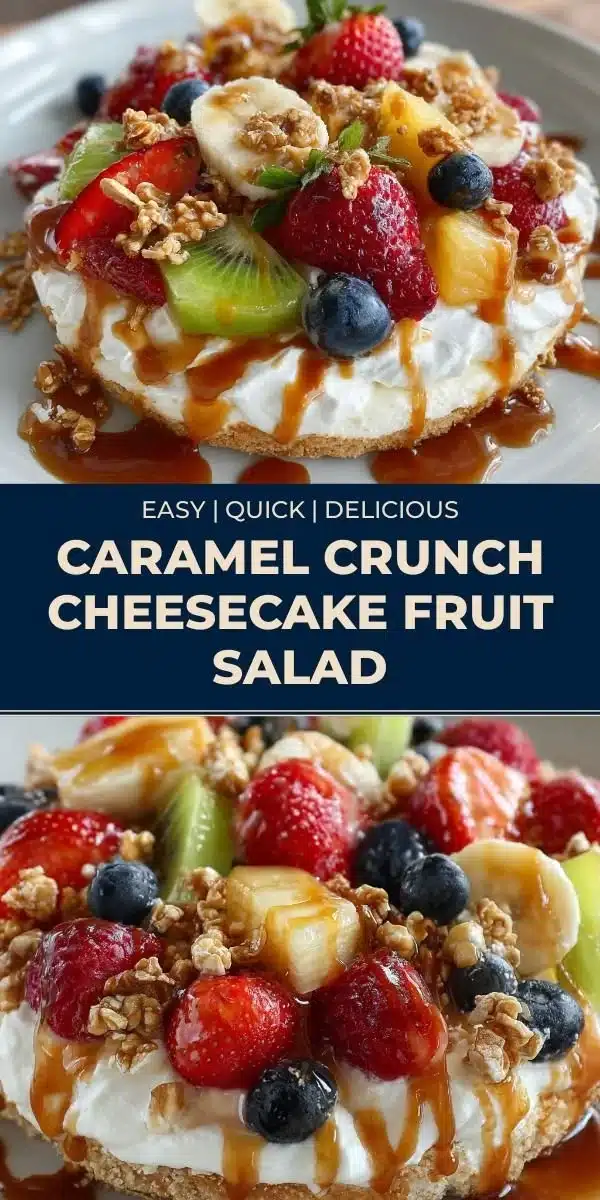 Delicious Caramel Crunch Cheesecake Fruit Salad with fresh fruits and crunchy caramel