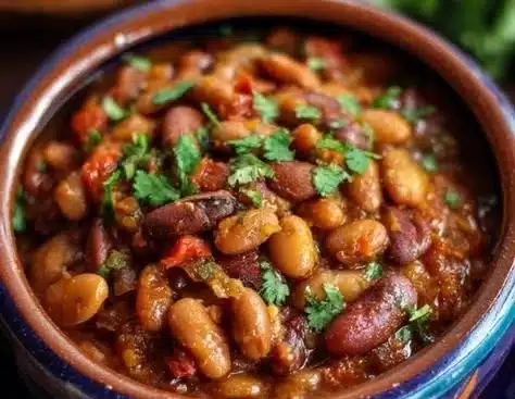 A bowl of delicious Charro Beans garnished with fresh cilantro and spices
