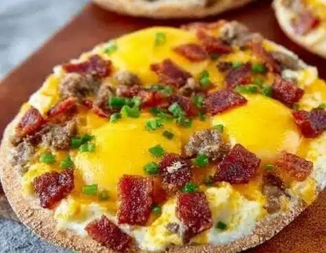 Cheesy bacon breakfast pizza topped with fresh ingredients and melted cheese