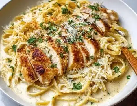 Delicious homemade Chicken Alfredo served with pasta and garnished with parsley
