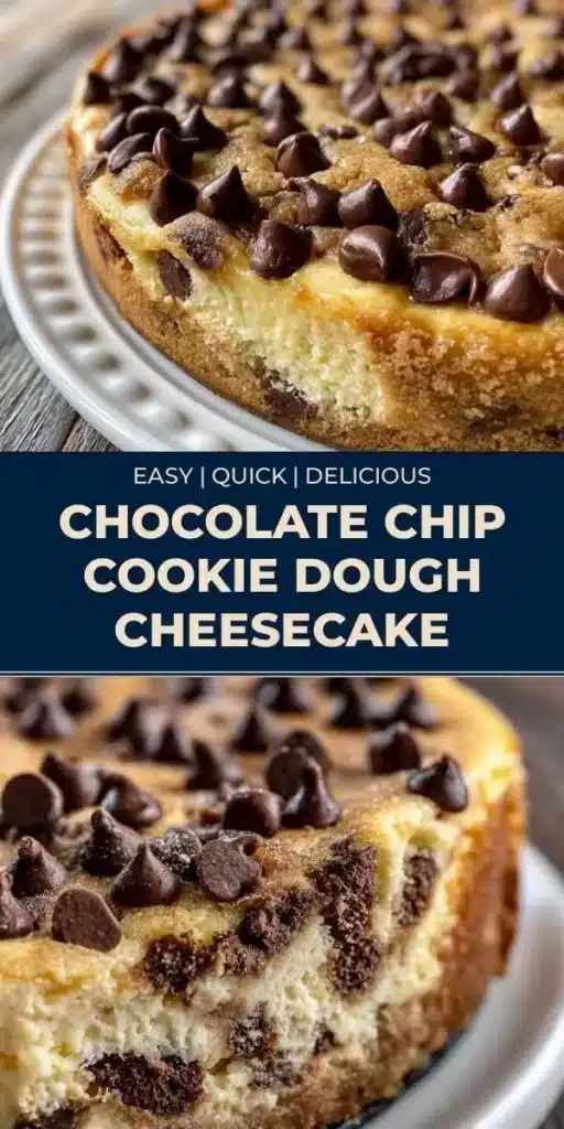 Chocolate Chip Cookie Dough Cheesecake topped with cookie dough pieces
