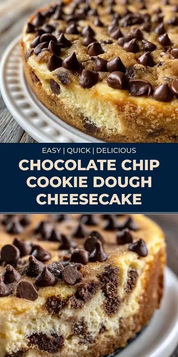 Chocolate Chip Cookie Dough Cheesecake topped with cookie dough pieces