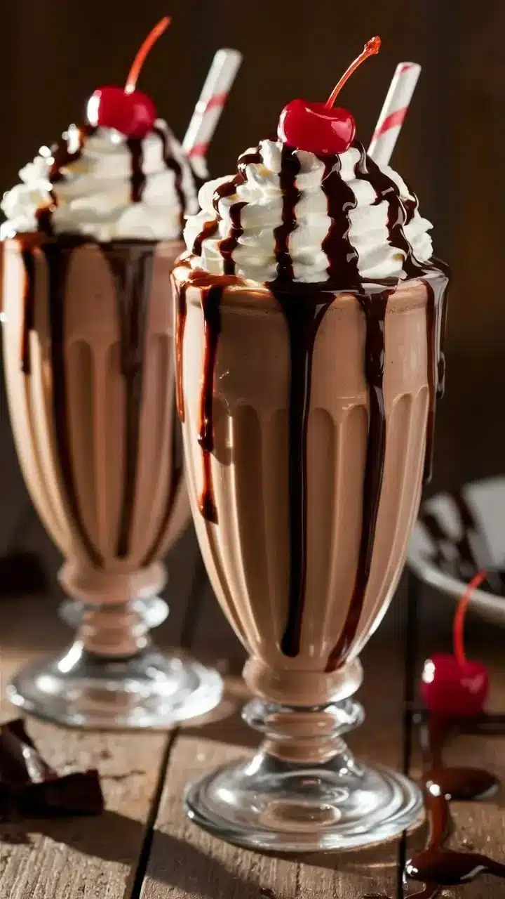 Delicious chocolate milkshake topped with whipped cream and chocolate syrup
