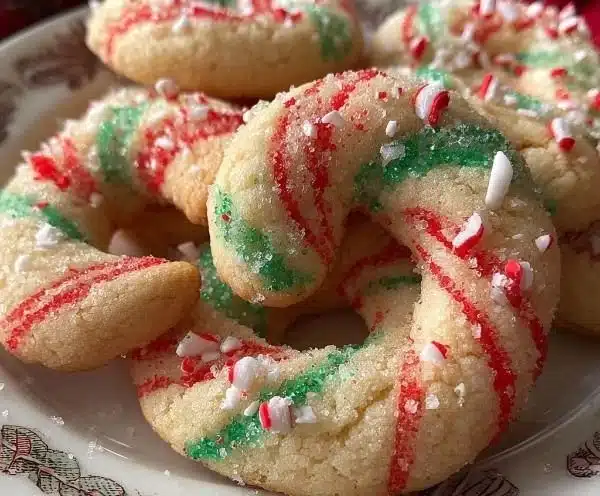 Delicious Christmas candy cane cookies decorated with red and white stripes.