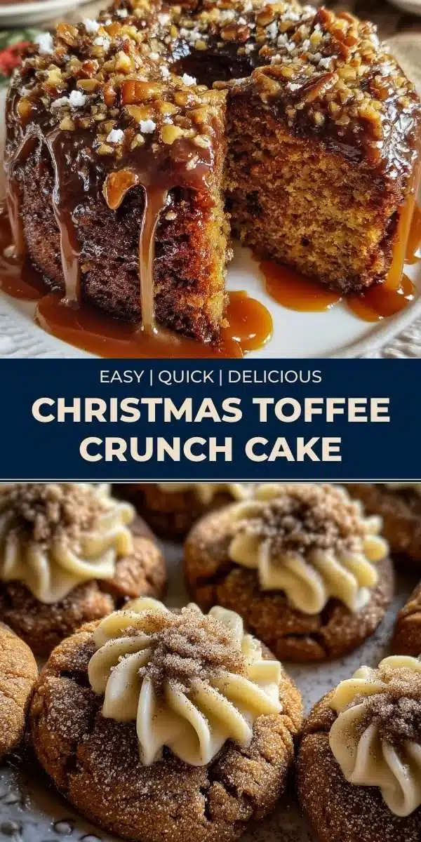 Christmas Toffee Crunch Cake decorated with festive toppings and caramel drizzles