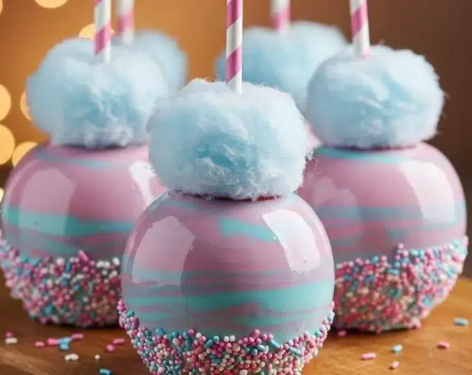 Vibrant candy apples adorned with cotton candy, perfect for festive occasions.