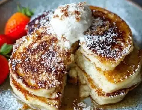 Fluffy cottage cheese pancakes stacked with syrup and berries on a plate