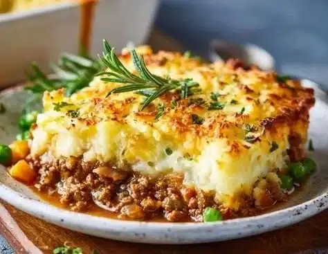 Delicious Cottage Pie with a golden mashed potato topping and savory filling.