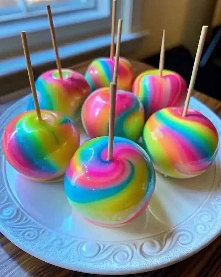 Glow-in-the-dark cotton candy swirl candy apples for festive celebrations