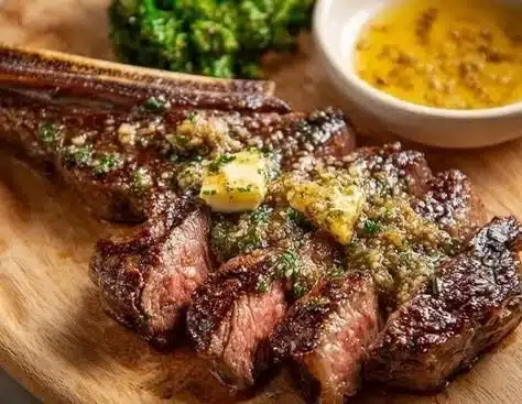 Flavorful Cowboy Butter served on grilled steak with herbs and spices