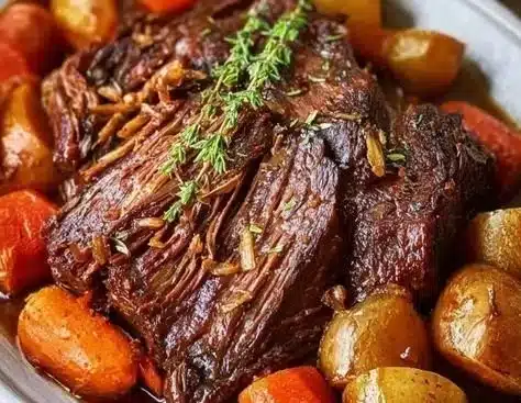 Cozy chuck roast pot roast served with vegetables and rich gravy