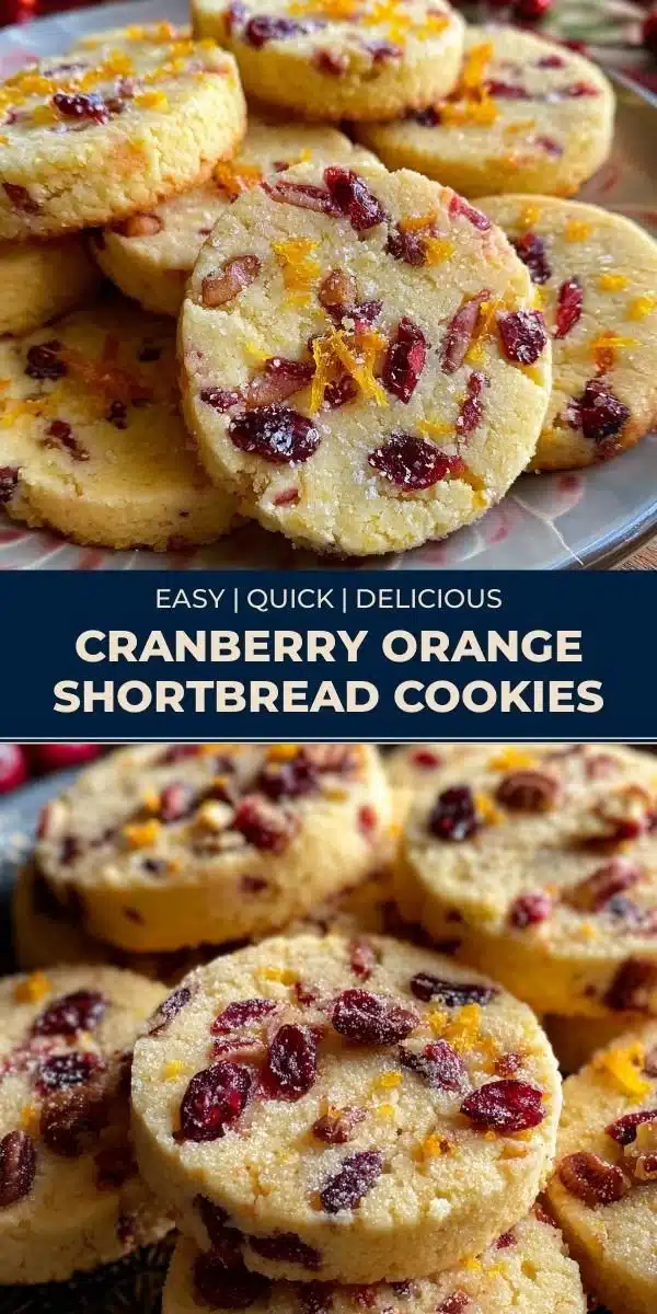 Cozy Cranberry Orange Shortbread 6 Cozy cranberry orange shortbread cookies on a festive plate