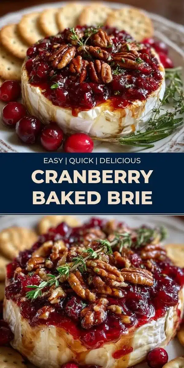 Cranberry Baked Brie served with crackers and fruits on a wooden board