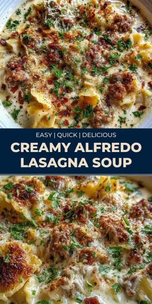 Bowl of creamy Alfredo lasagna soup with melted cheese and herbs