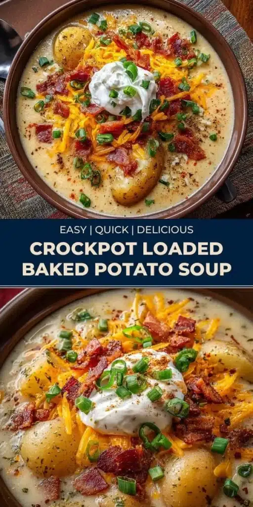 Creamy crockpot loaded baked potato soup topped with cheese and green onions