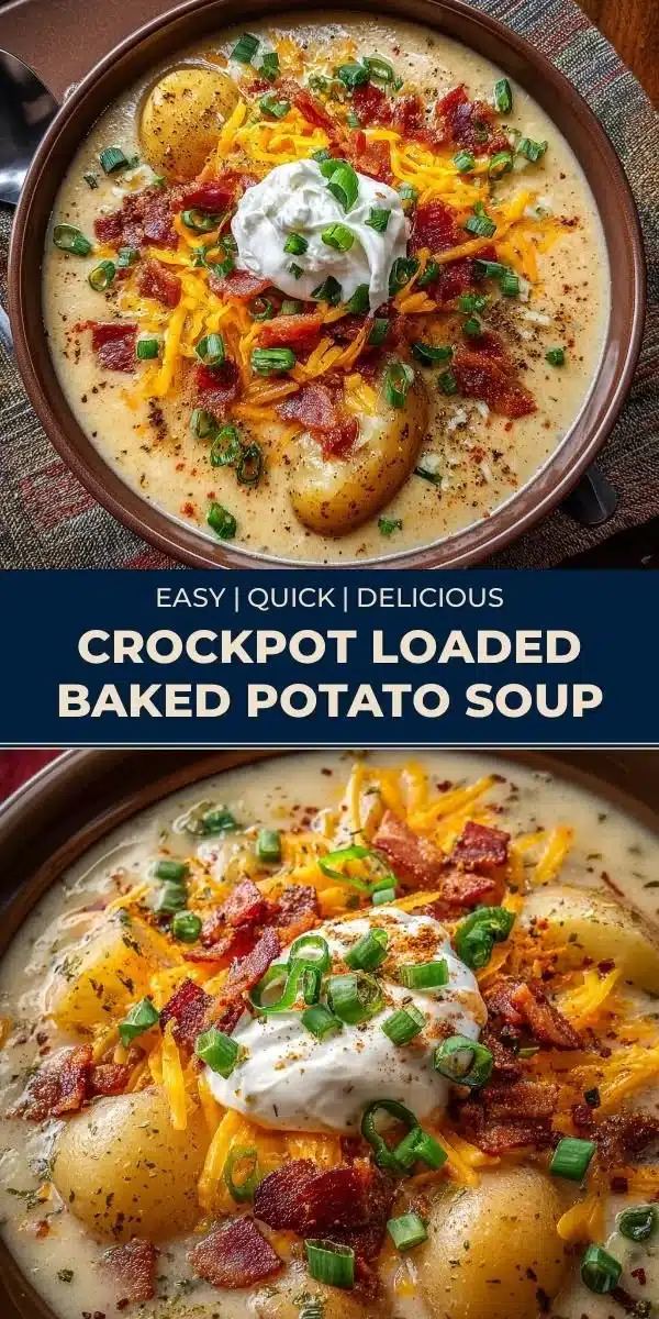 Creamy crockpot loaded baked potato soup topped with cheese and green onions