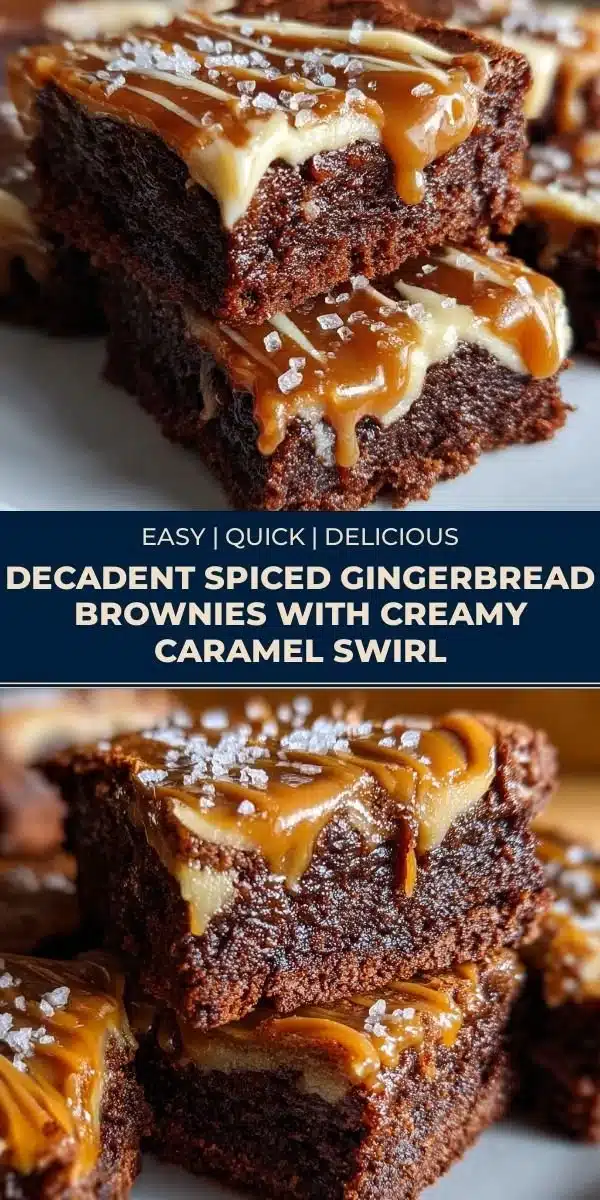 Decadent spiced gingerbread brownies with creamy caramel swirl on a plate.