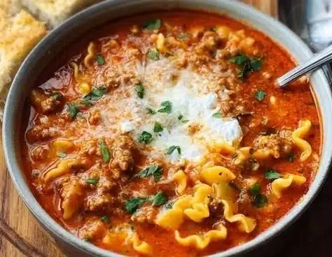 Bowl of easy lasagna soup topped with cheese and herbs for a comforting meal