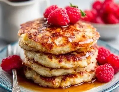 Fluffy cottage cheese pancakes stacked on a plate with syrup and berries