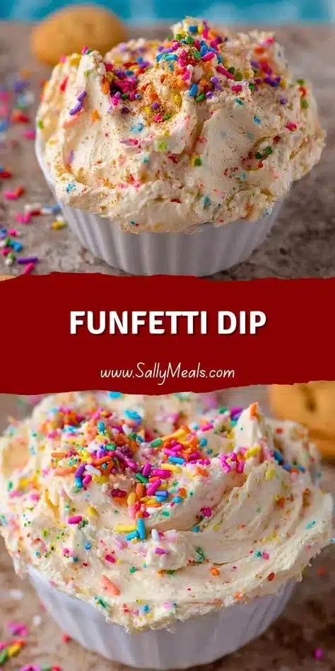 Delicious bowl of colorful Funfetti Dip served with fruit and cookies.
