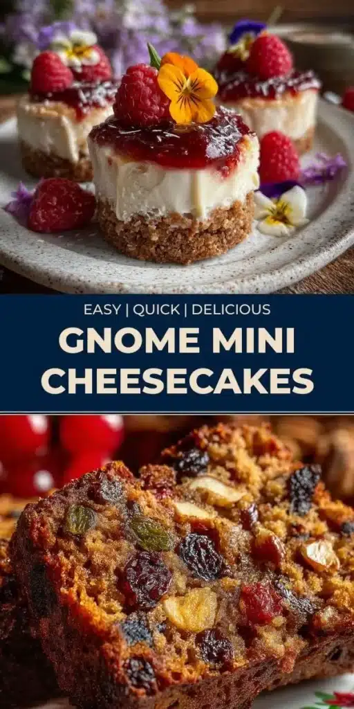 Gnome mini cheesecakes decorated with whimsical gnome figures