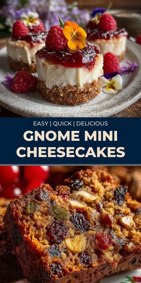 Gnome mini cheesecakes decorated with whimsical gnome figures