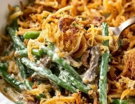 Green Bean Casserole 9 Homemade Green Bean Casserole served in a baking dish