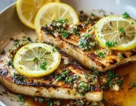 Grilled swordfish fillet with lemon herb marinade on a plate