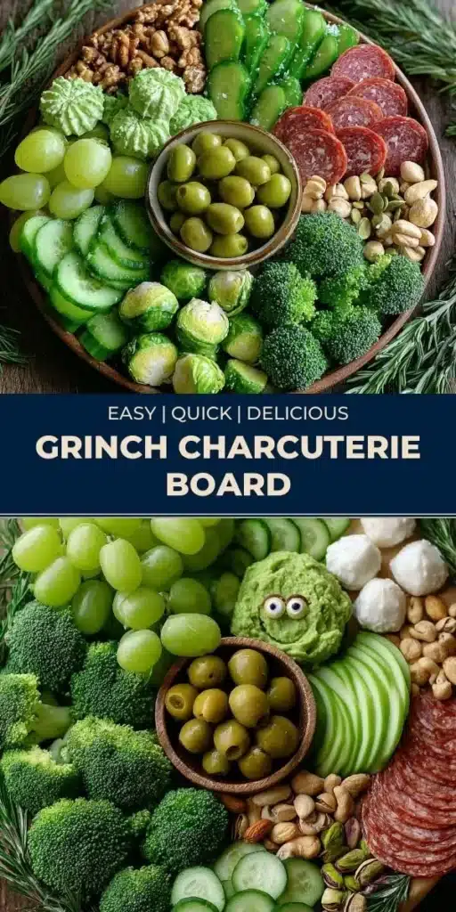 Festive Grinch Charcuterie Board filled with colorful holiday snacks and treats.