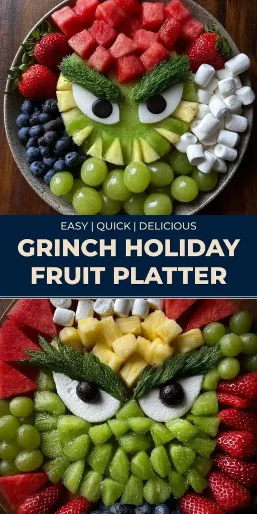Grinch Holiday Fruit Platter garnished with festive decorations and vibrant fruits.