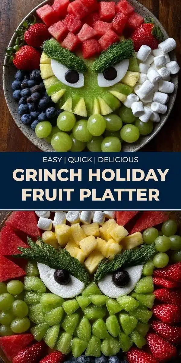 Grinch Holiday Fruit Platter garnished with festive decorations and vibrant fruits.