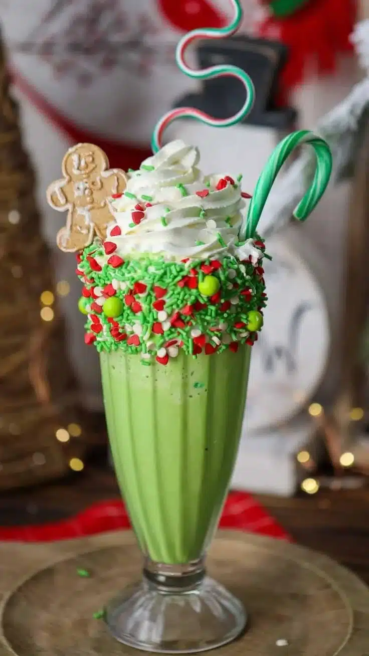 Grinch Milkshake 6 Festive Grinch Milkshake topped with whipped cream and a cherry