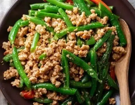 Delicious ground chicken stir fry served in a colorful dish with vegetables