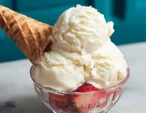 Guilt-free vanilla ice cream served in a bowl with a topping of fresh berries.