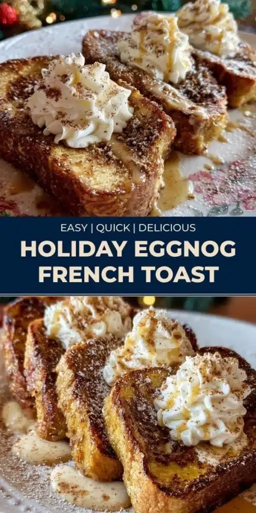 Delicious Holiday Eggnog French Toast topped with whipped cream and cinnamon