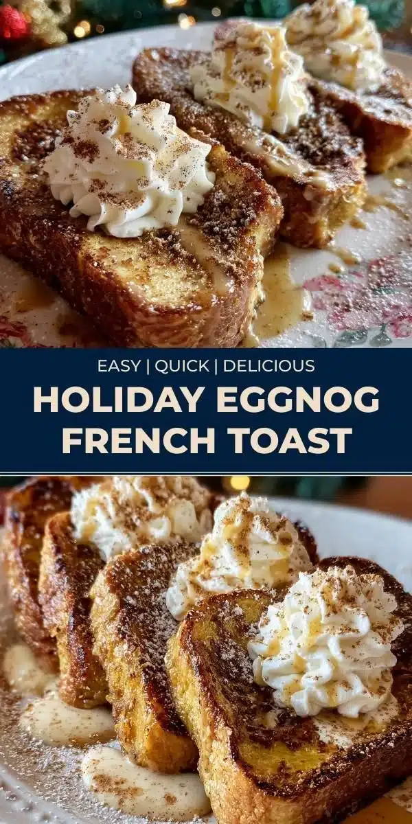 Delicious Holiday Eggnog French Toast topped with whipped cream and cinnamon